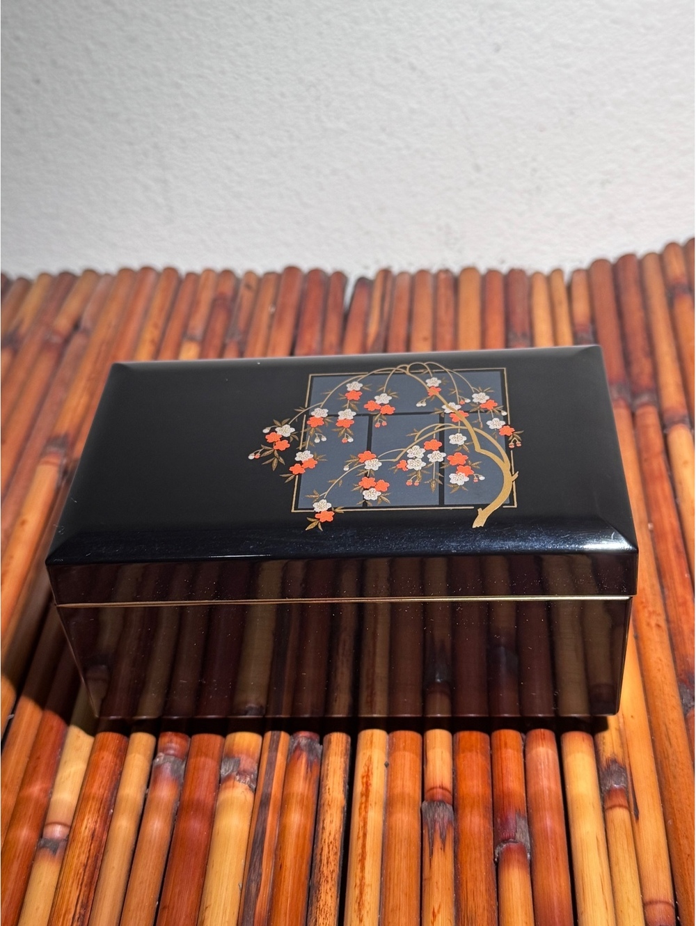 Vintage Otagiri Japan Cherry Blossom Lacquer Music Jewelry Box Mirror
